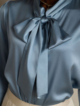 [Gråblå] SilkSilky-NO Long Sleeve Tie Neck Damebluser 008