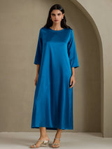 [Blågrønn] SilkSilky-NO 3/4 Sleeve Round Neck Kjole 005