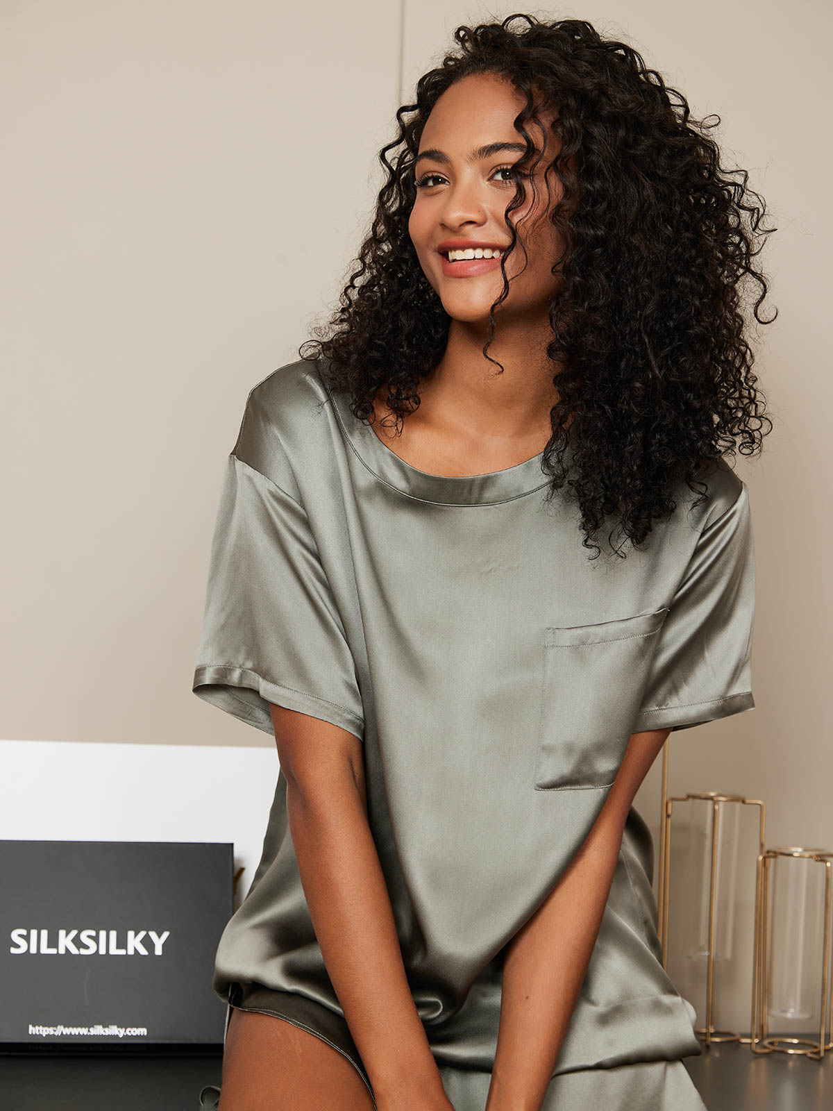 [Grågrønn] SilkSilky-NO Pure Silk Womens Pajamas 005