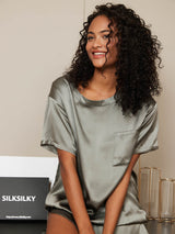 [Grågrønn] SilkSilky-NO Short Sleeve Round Neck Pyjamas for Kvinner 005