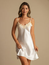 [Hvit] SilkSilky-NO Spaghetti Strap V Neck Nattkjole 001