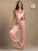 [Ferskenhud] SilkSilky-NO 19Momme Ermeløs Dyp Rund Halsutringning Pyjamas for Kvinner 001