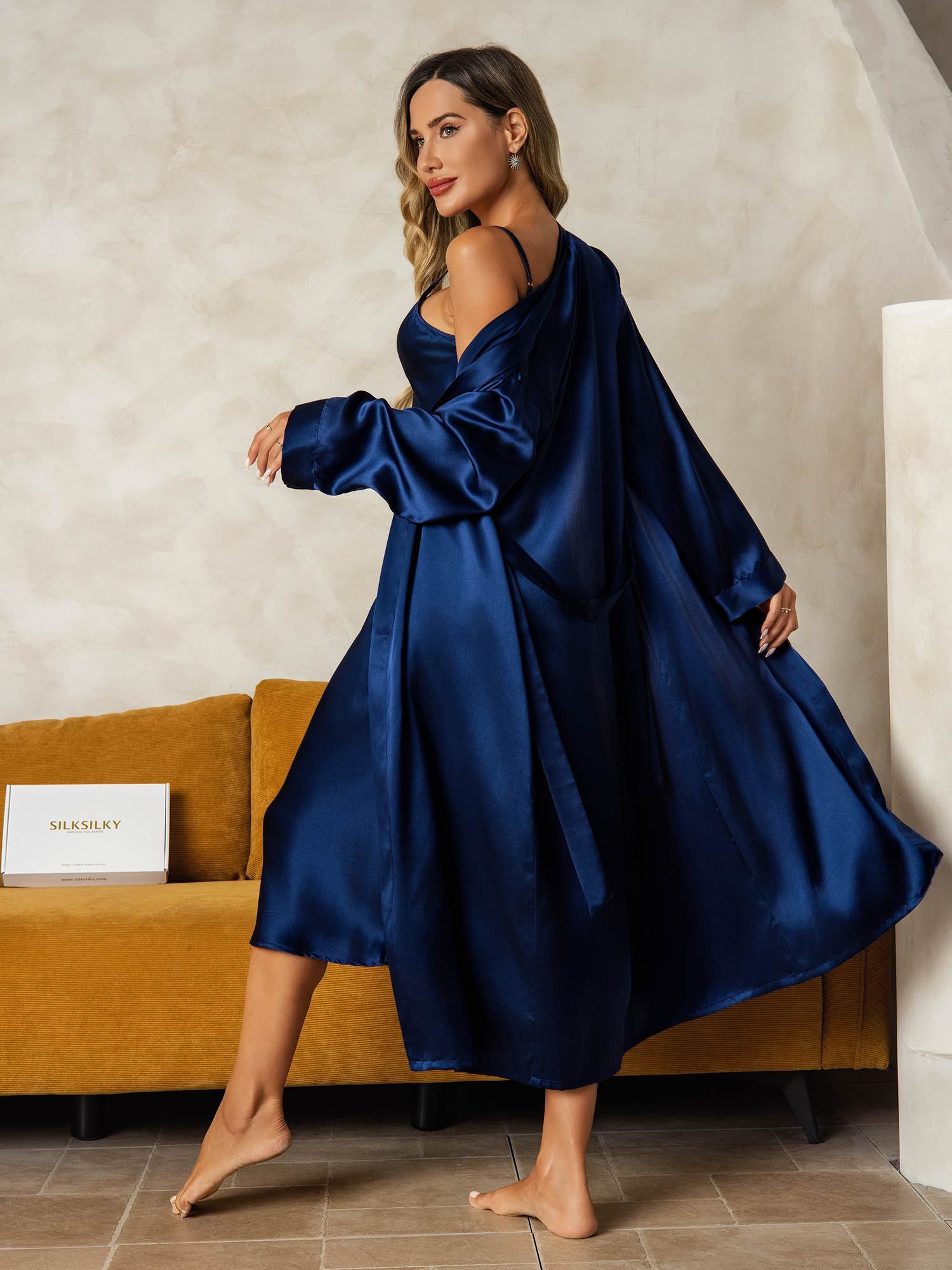 [Mørke blå] SilkSilky-NO Silke Nightgown&Robe Set 002