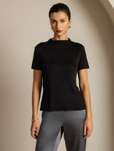 [Svart] SilkSilky-NO 100% Silk Jersey Short Sleeve Falsk Krage T-skjorte for Kvinner 003