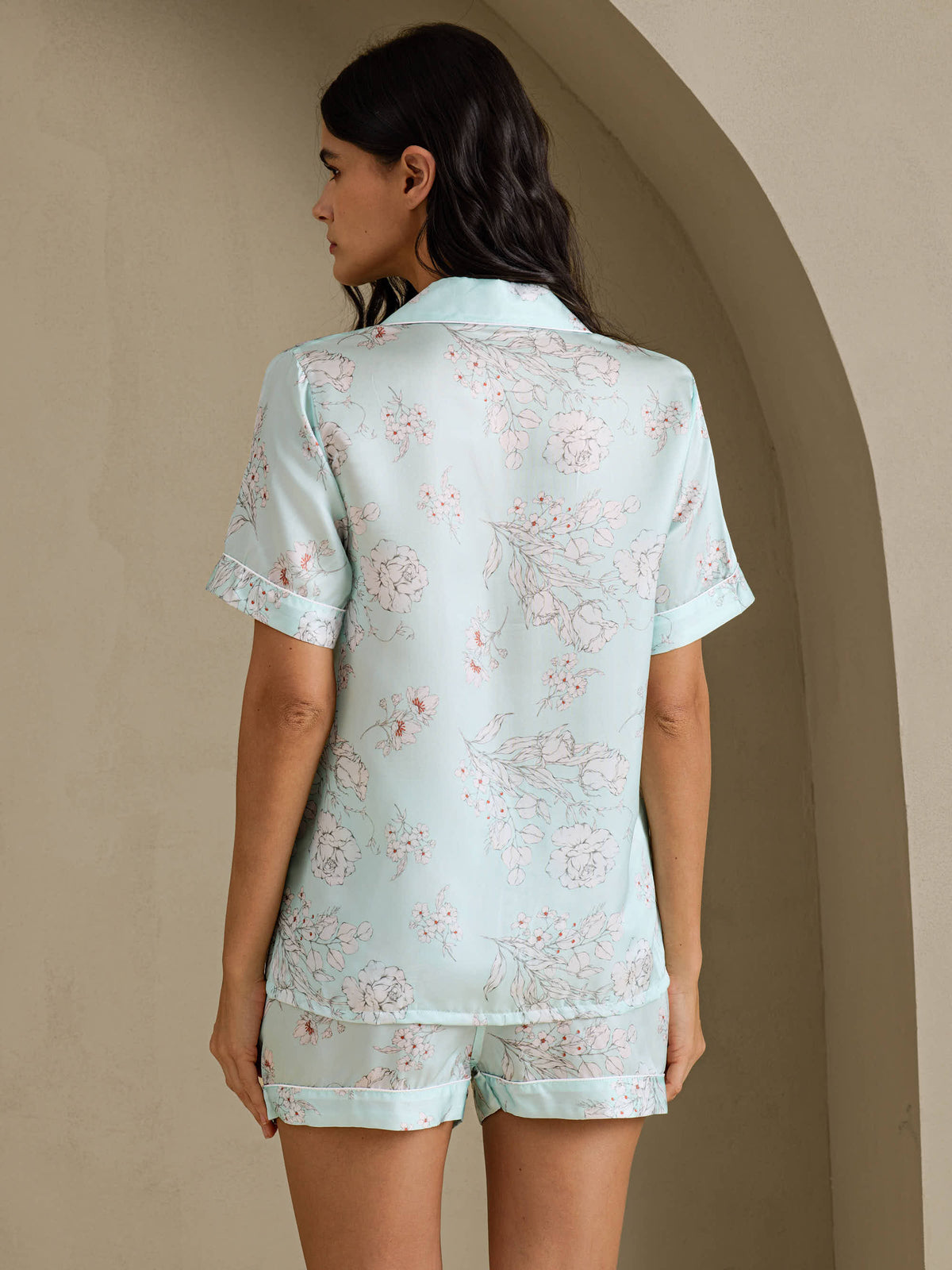 [Himmelsblå Blomster] SilkSilky-NO Short Sleeve Notch Collar Pyjamas for Kvinner 002