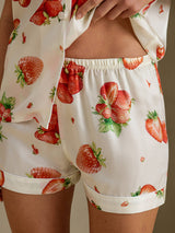 [Hvit Jordbær] SilkSilky-NO Short Sleeve Notch Collar Pyjamas for Kvinner 005