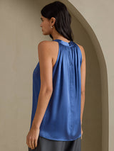 [Ekte Petrol] SilkSilky-NO Sleeveless Halterneck T-skjorte for Kvinner 002
