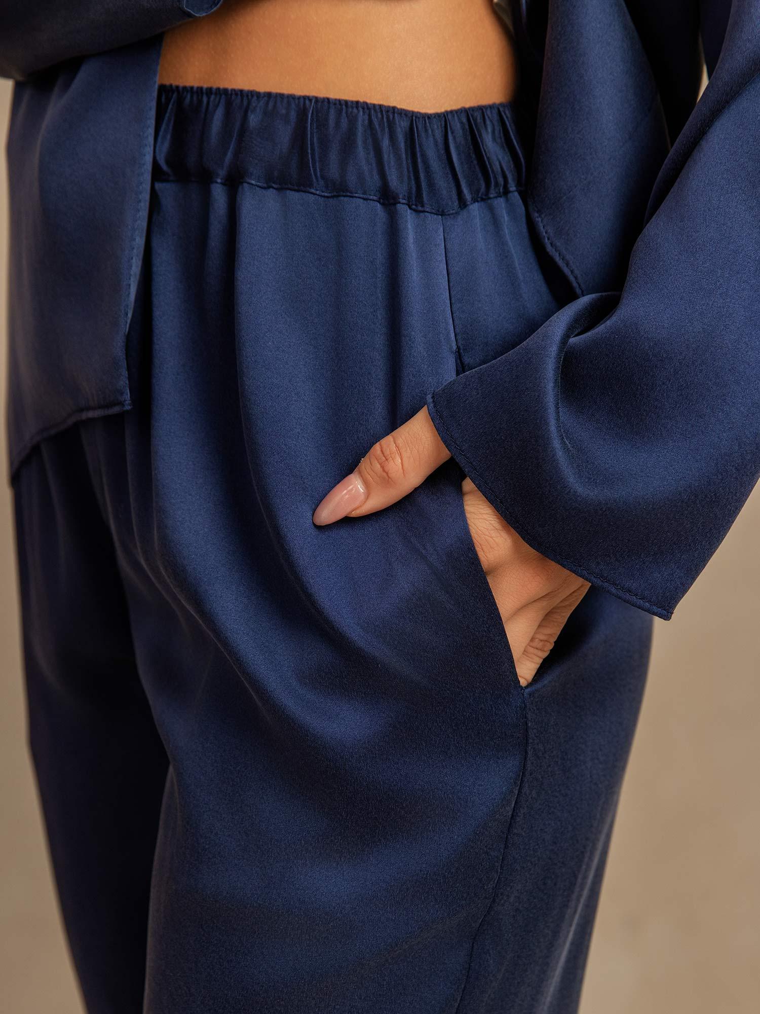 [Mørkeblå] SilkSilky-NO 19Momme Silke Womens Pajamas 005