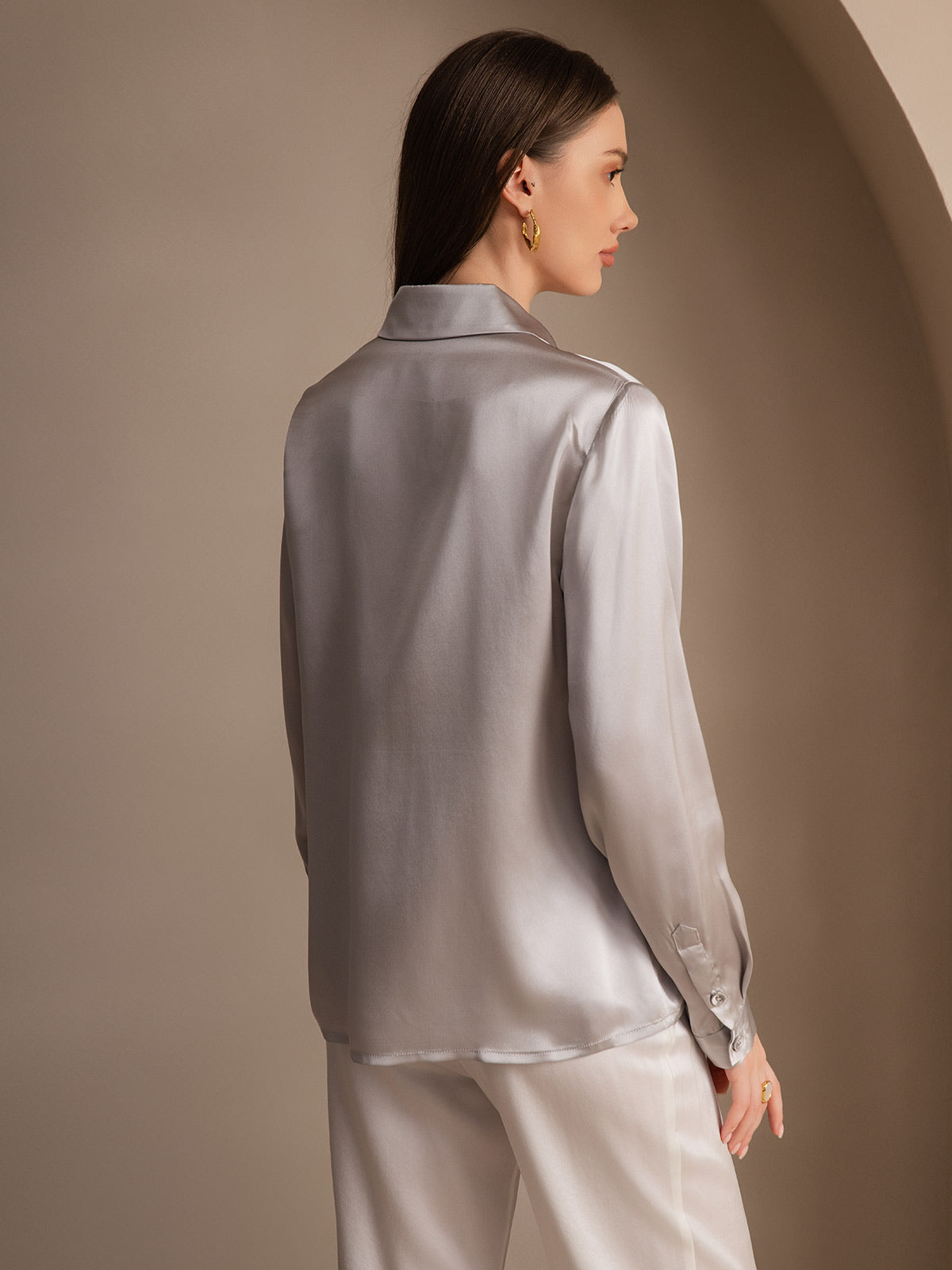 [Lysegrå] SilkSilky-NO 19Momme Silke Lapel Collar Skjorte for Kvinner 002