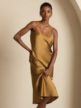 [Brun] SilkSilky-NO Spaghetti Strap U-hals Kjole 006
