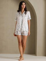 [Hvit Leopard] SilkSilky-NO Short Sleeve Notch Collar Pyjamas for Kvinner 006