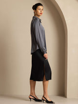 [Mørkegrå] SilkSilky-NO Long Sleeve Lapel Collar Skjorte for Kvinner 009