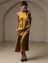 [Brun] SilkSilky-NO Sleeveless Halterneck Kjole 005