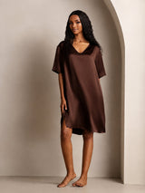 [Brun] SilkSilky-NO Half Sleeve V Neck Nattkjole 003
