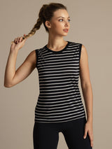 [Svart Stripe] SilkSilky-NO Ermeløs Rund Hals Camisole Topp 001