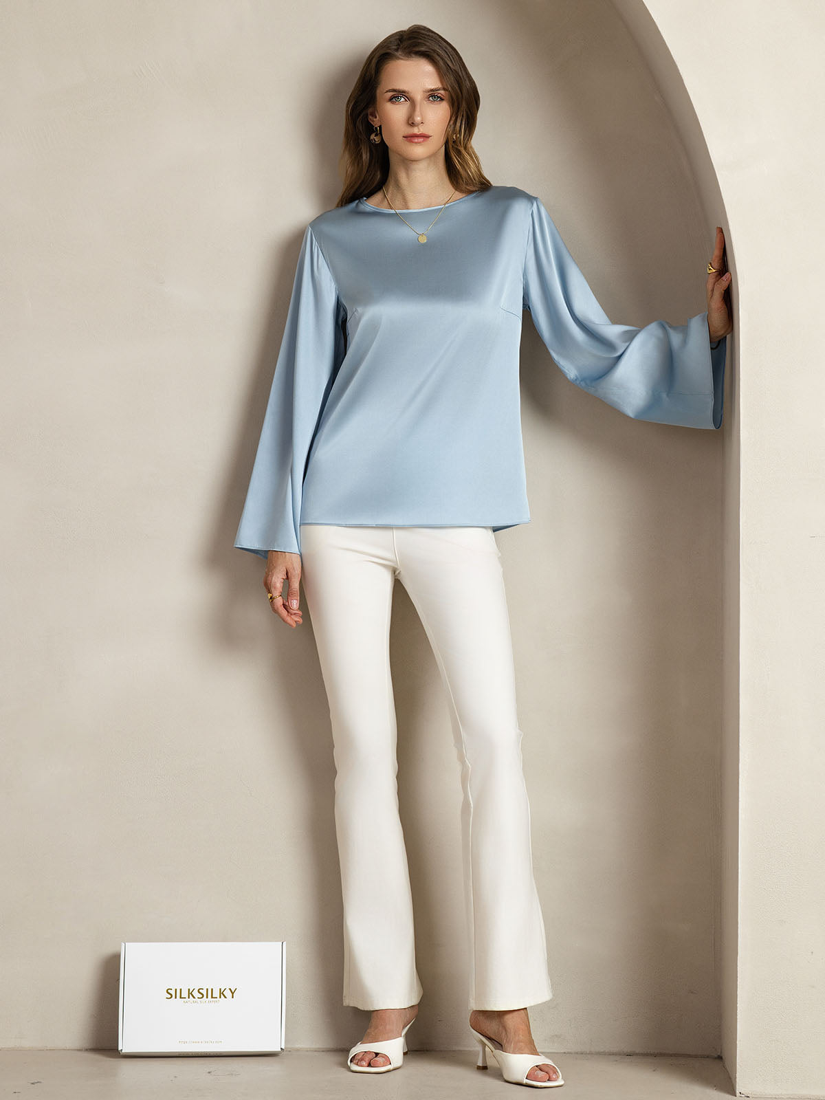 [Gråblå] SilkSilky-NO 19Momme Silke Womens T-Shirt 003