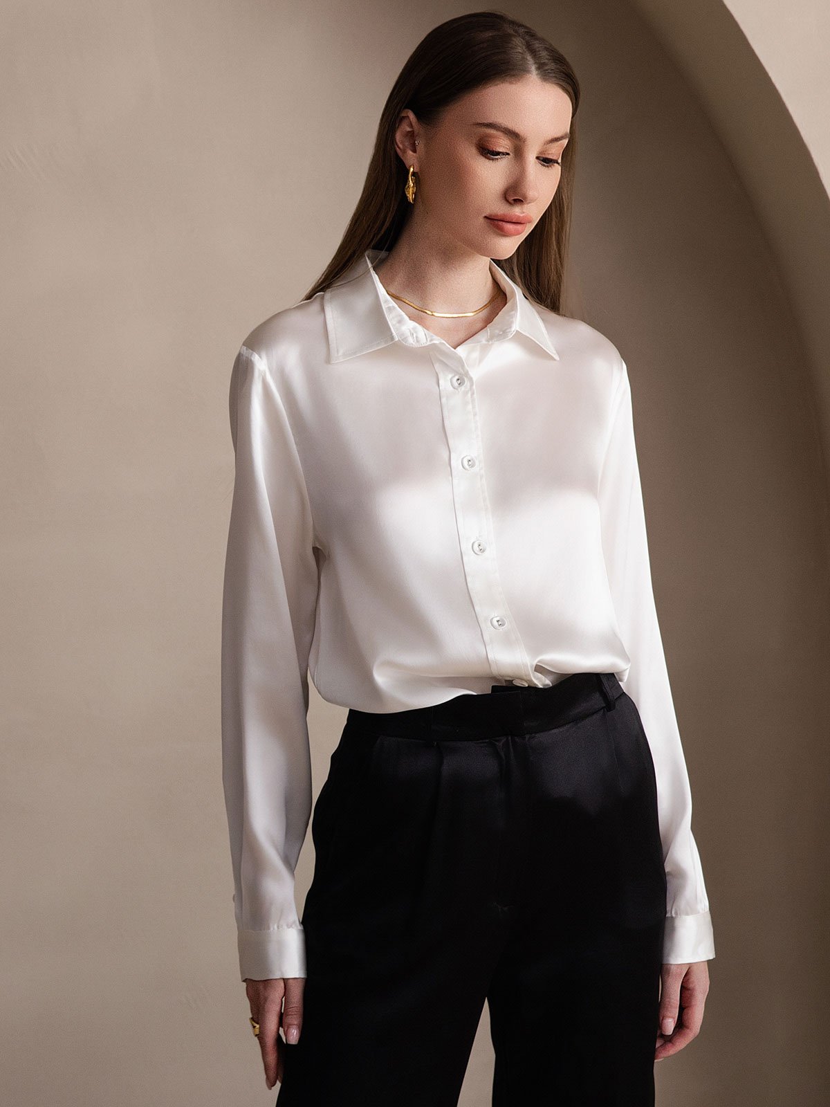 SilkSilky-NO 19Momme Silke Womens Shirt Hvit 001