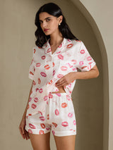 [Hvit Leppestift] SilkSilky-NO Short Sleeve Notch Collar Pyjamas for Kvinner 003