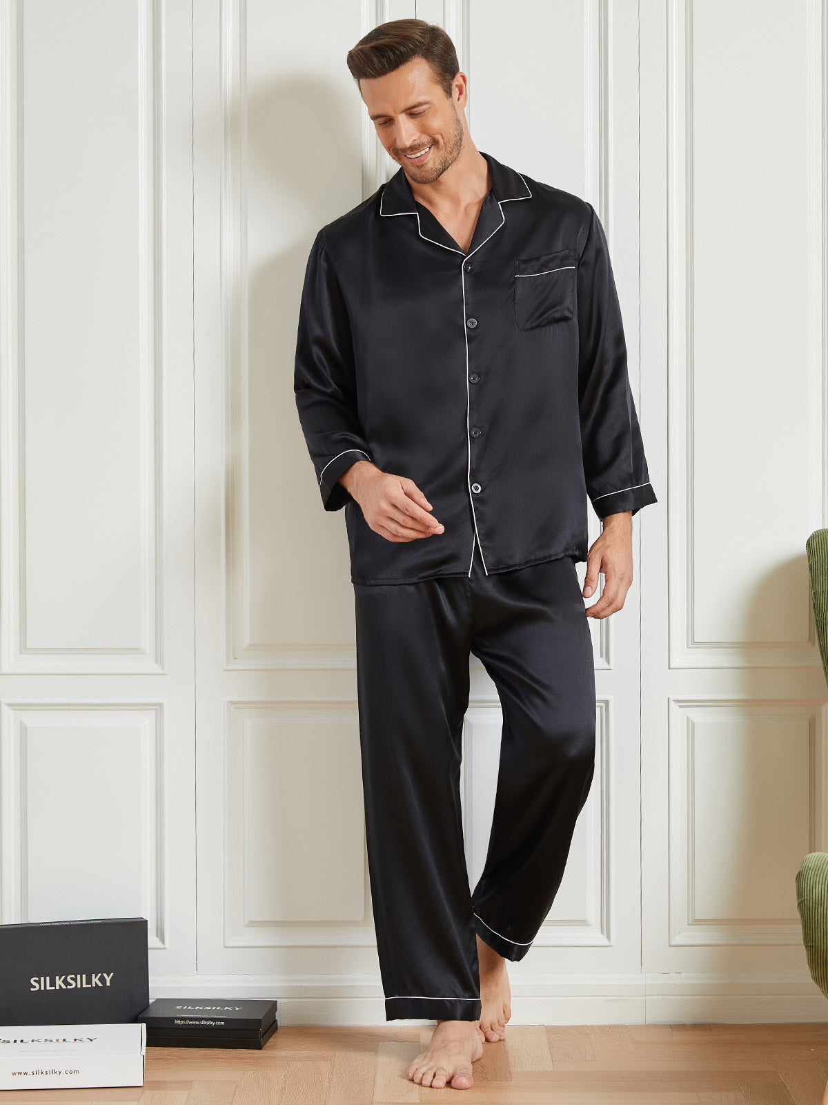 [Svart] SilkSilky-NO 19Momme Mens Pajamas 003
