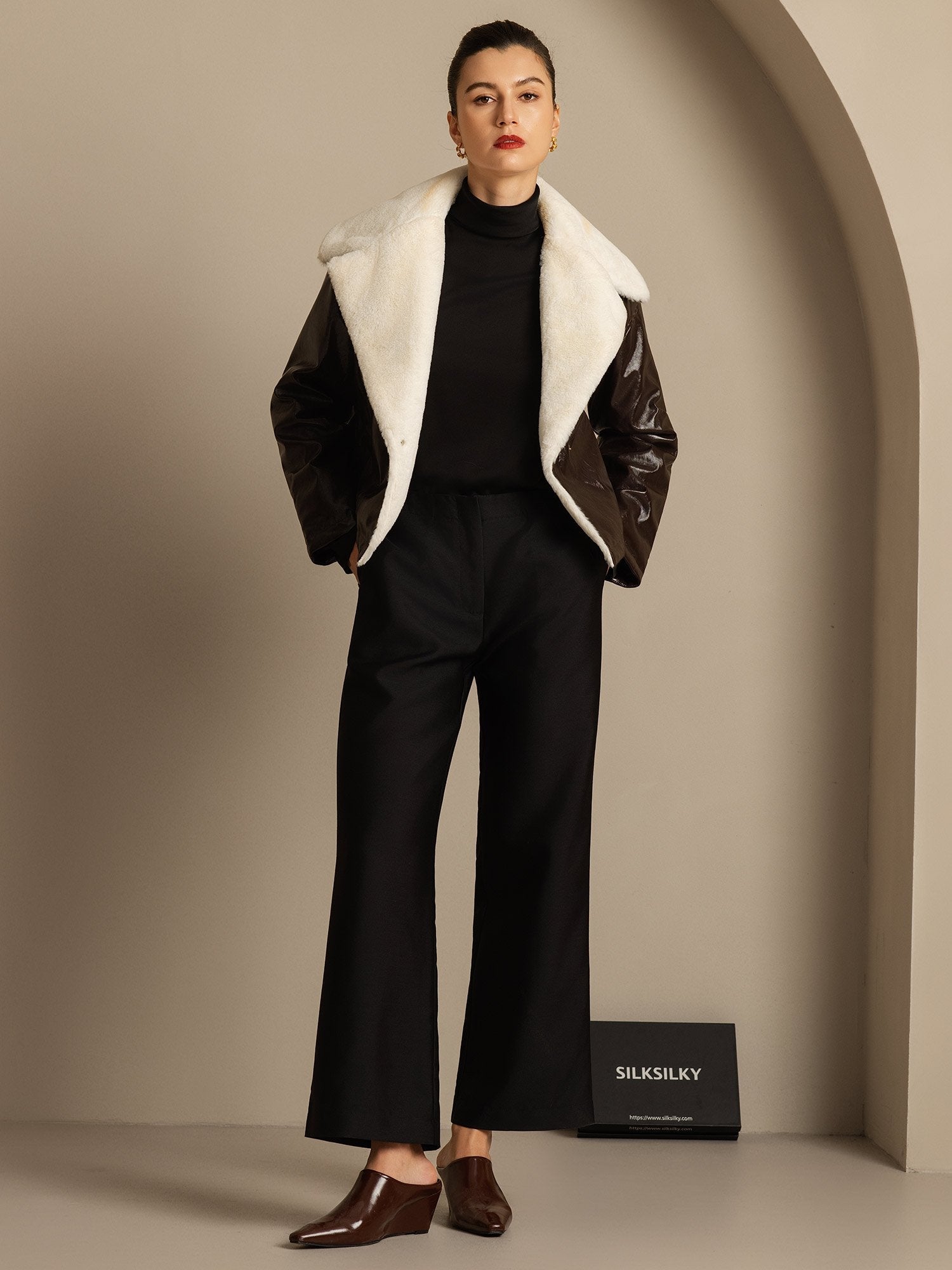 [Svart] SilkSilky-NO 32Momme Silk-Wool Blend Womens Pants 007,