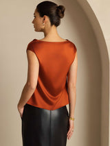 [Karamell] SilkSilky-NO Cap Sleeve Cowl Neck T-skjorte for Kvinner 002