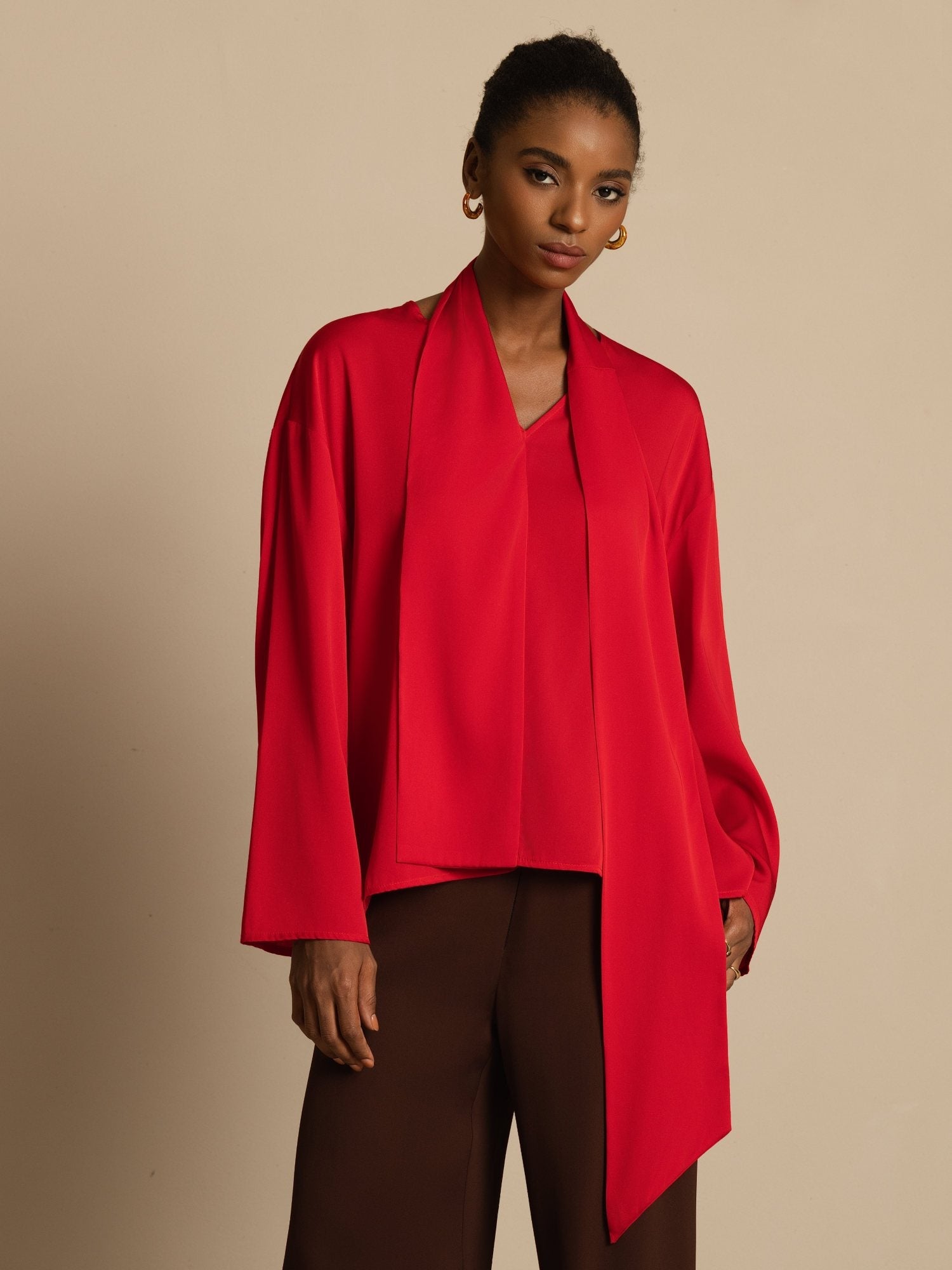 [Vin] SilkSilky-NO 19Momme Silke Langermet V Hals Bluse 004