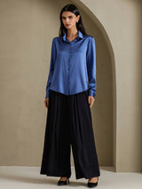 [Ekte Petrol] SilkSilky-NO Long Sleeve Lapel Collar Skjorte for Kvinner 005