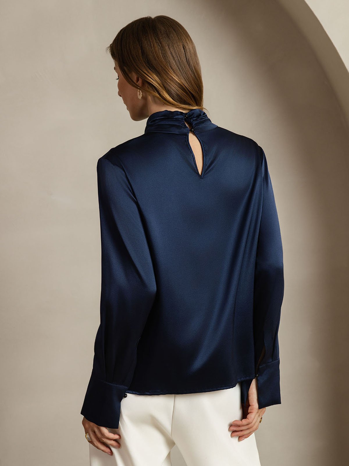 [Mørke blå] SilkSilky-NO 19Momme Silke Womens Shirt 002