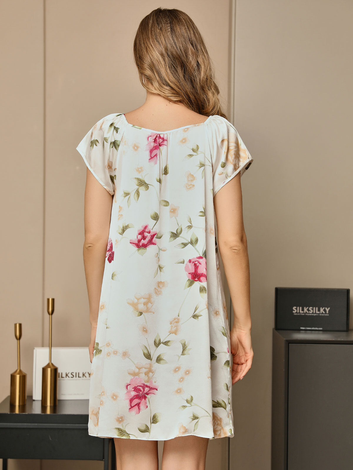 [Hvit] SilkSilky-NO Pure Silk Cap Sleeve Tie Neck Nattkjole 002