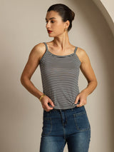 [Svart Stripe] SilkSilky-NO Square Neck Camisole Topp 005