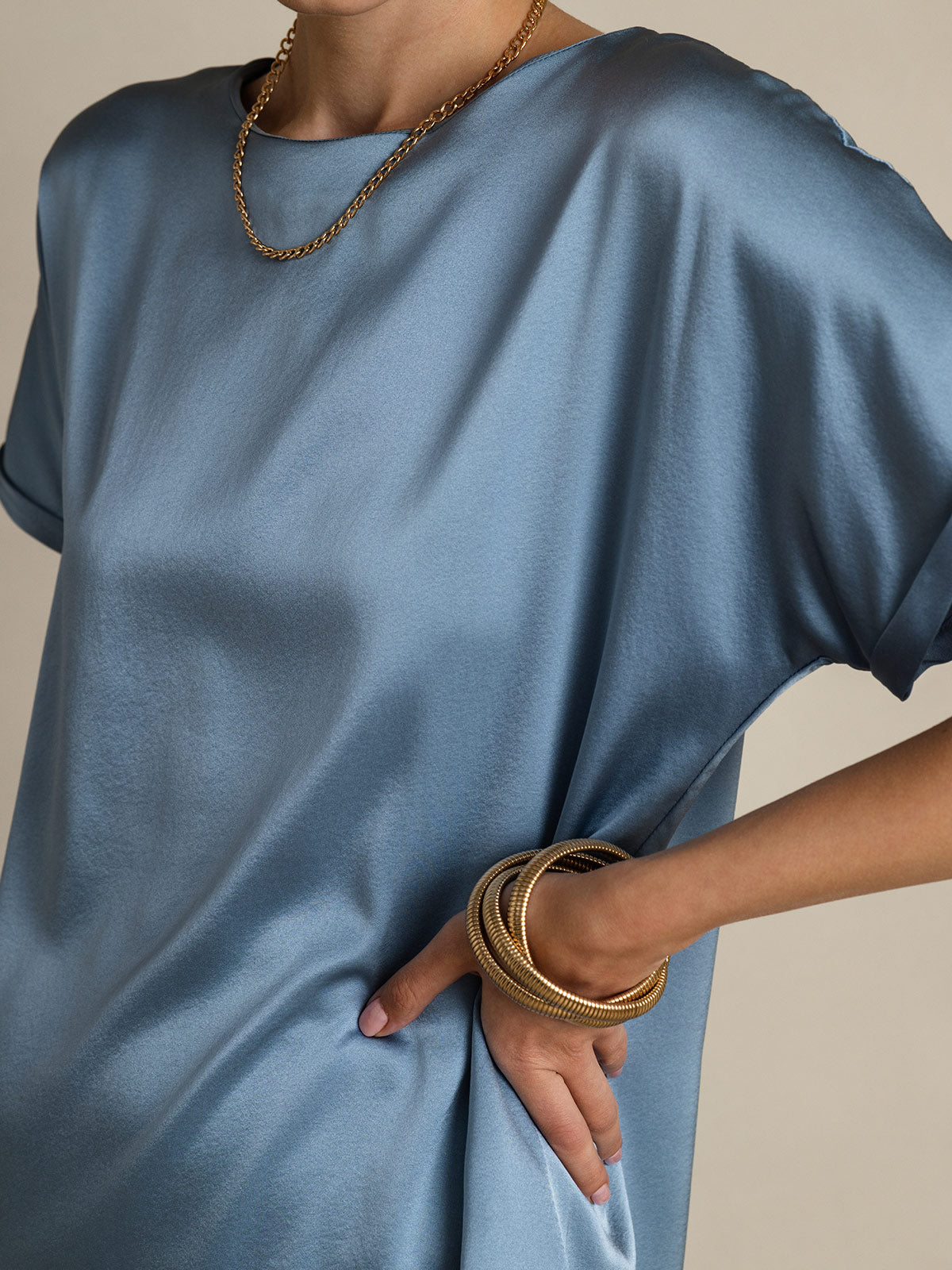 [Gråblå] SilkSilky-NO 19Momme Silke Womens T-Shirt 008,