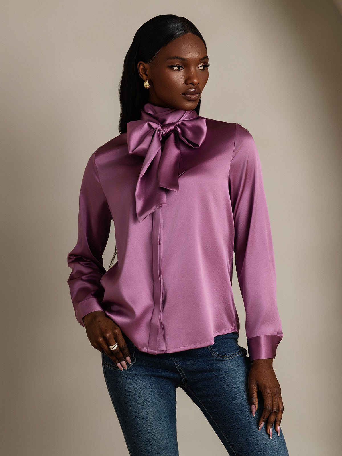 [Mørklilla] SilkSilky-NO 19Momme Silke Long Sleeve Tie Neck Skjorte for Kvinner 005