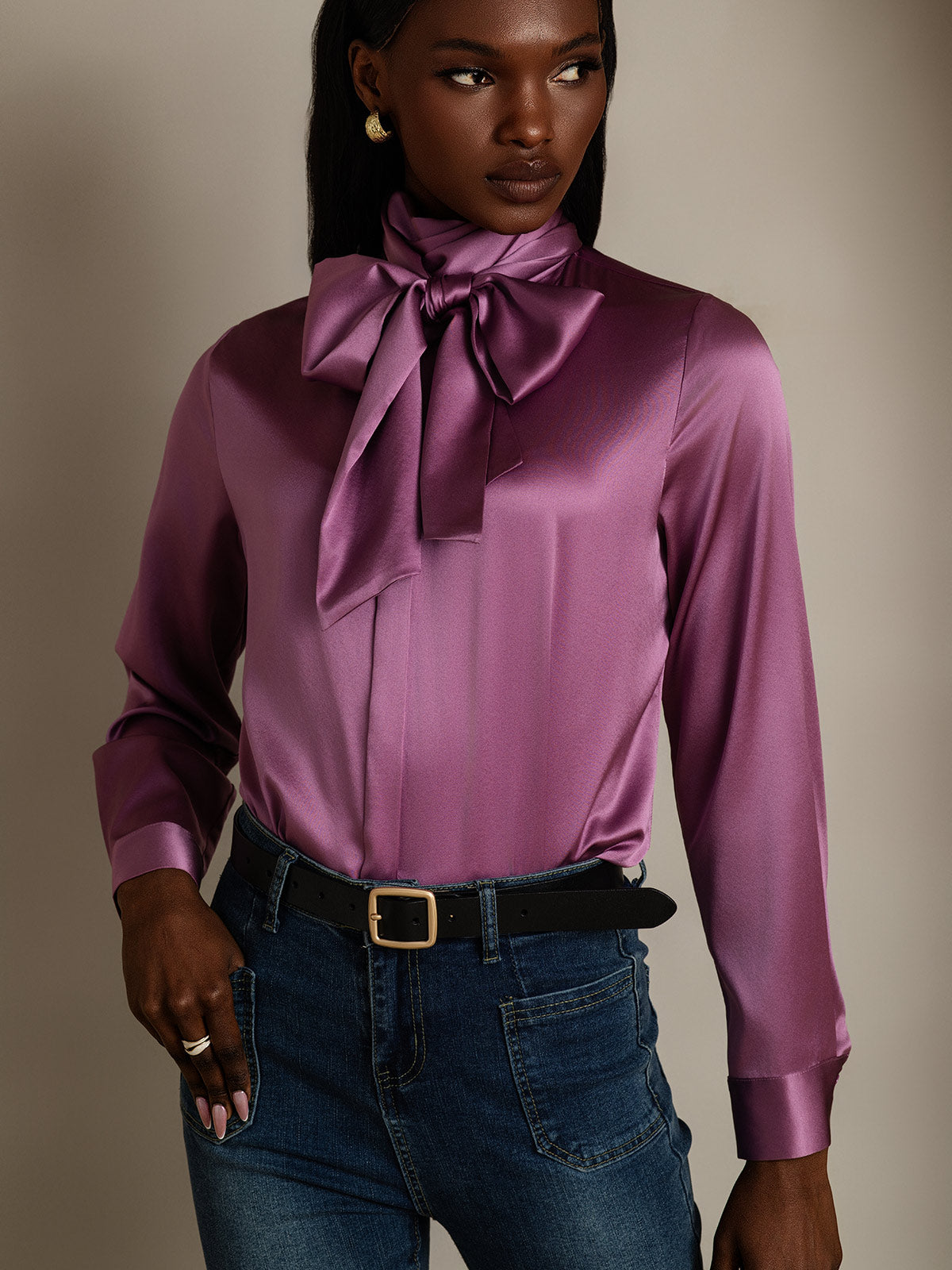 [Mørklilla] SilkSilky-NO 19Momme Silke Long Sleeve Tie Neck Skjorte for Kvinner 003