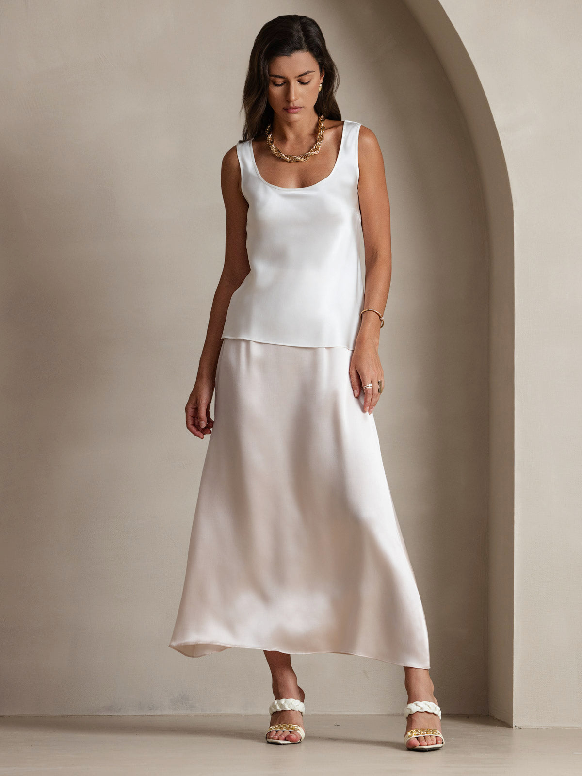 [Hvit] SilkSilky-NO 19Momme Silke U-hals Camisole Topp 006