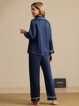 [Mørke blå] SilkSilky-NO Long Sleeve Lapel Collar Pyjamas for Kvinner 002