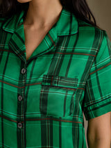 [Grønt Rutemønster] SilkSilky-NO Short Sleeve Notch Collar Pyjamas for Kvinner 005