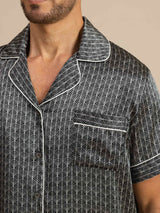[Svart Ginkgo] SilkSilky-NO Short Sleeve Lapel Collar Pyjamas for menn 007