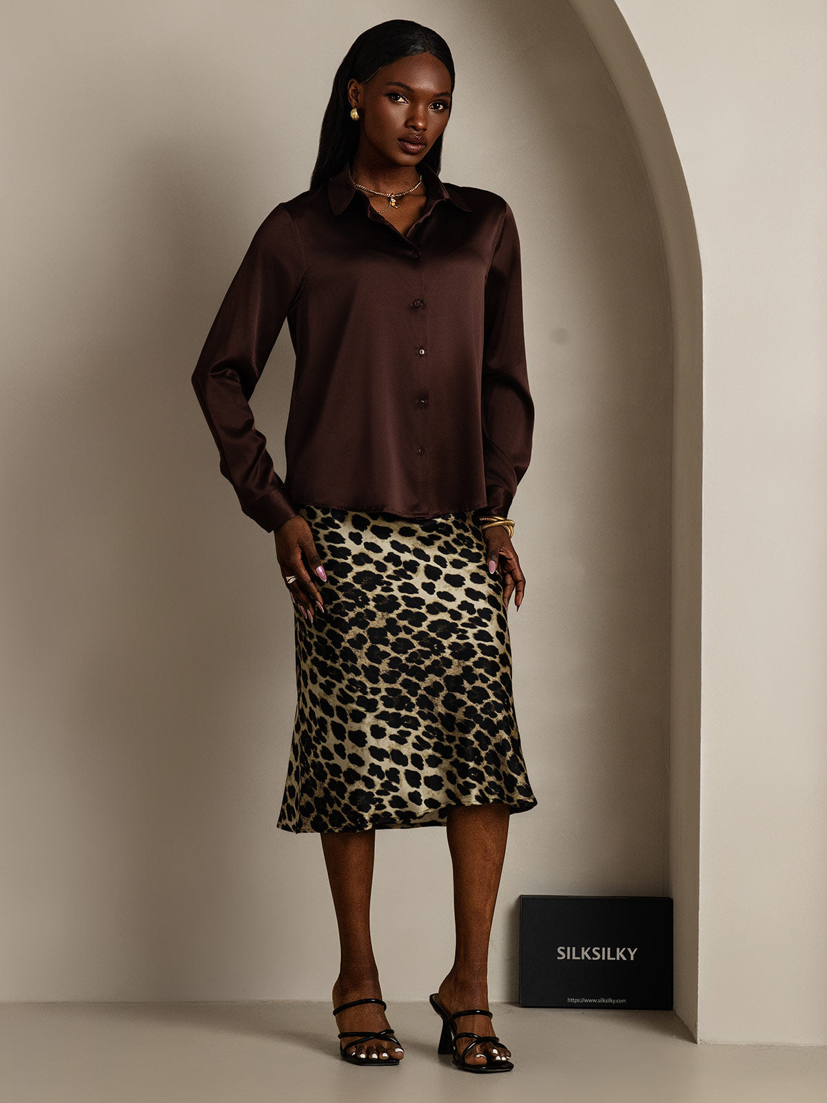 [Brun] SilkSilky-NO Silke Long Sleeve Collar Skjorte for Kvinner 006