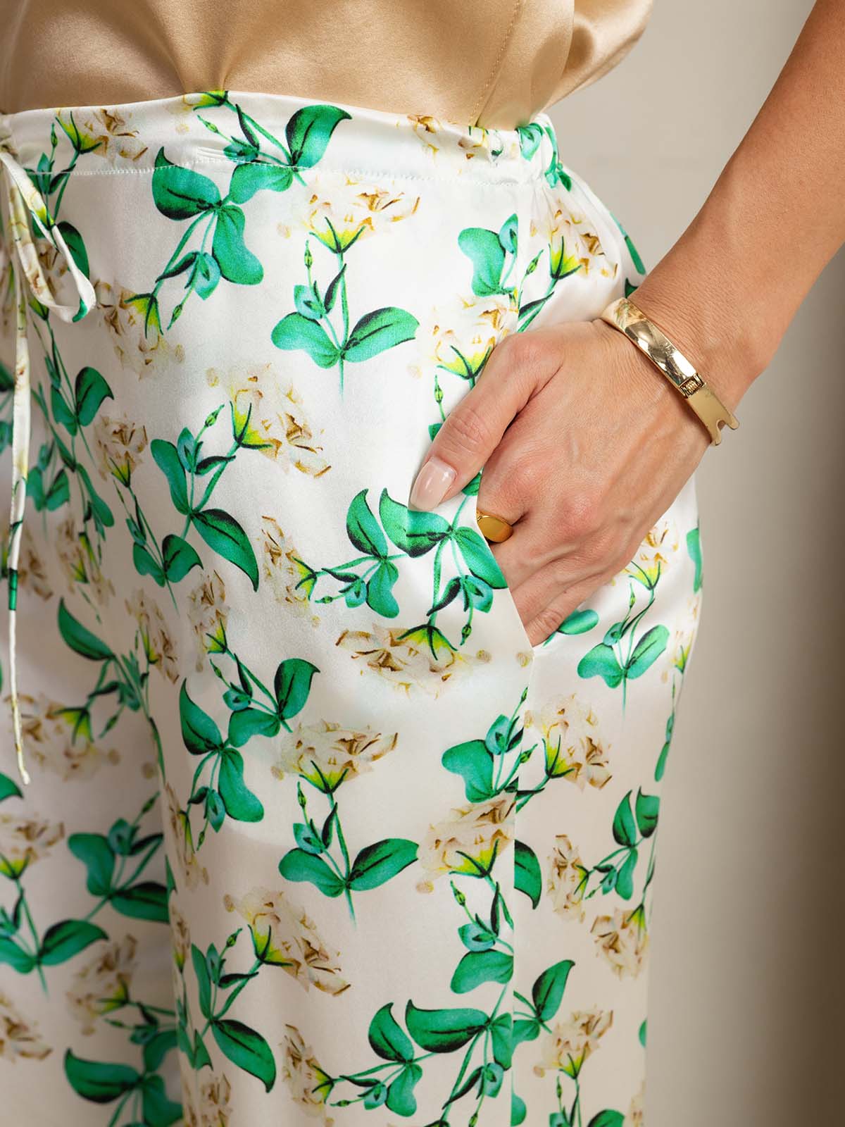 [Grønn Blomster] SilkSilky-NO 19Momme Silke Womens Pants 004