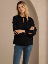 [Svart] SilkSilky-NO Long Sleeve Keyhole Neck Damebluser 005