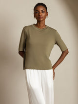 [Brent Oliven] SilkSilky-NO Halv erme Crew Neck T-skjorte for Kvinner 005