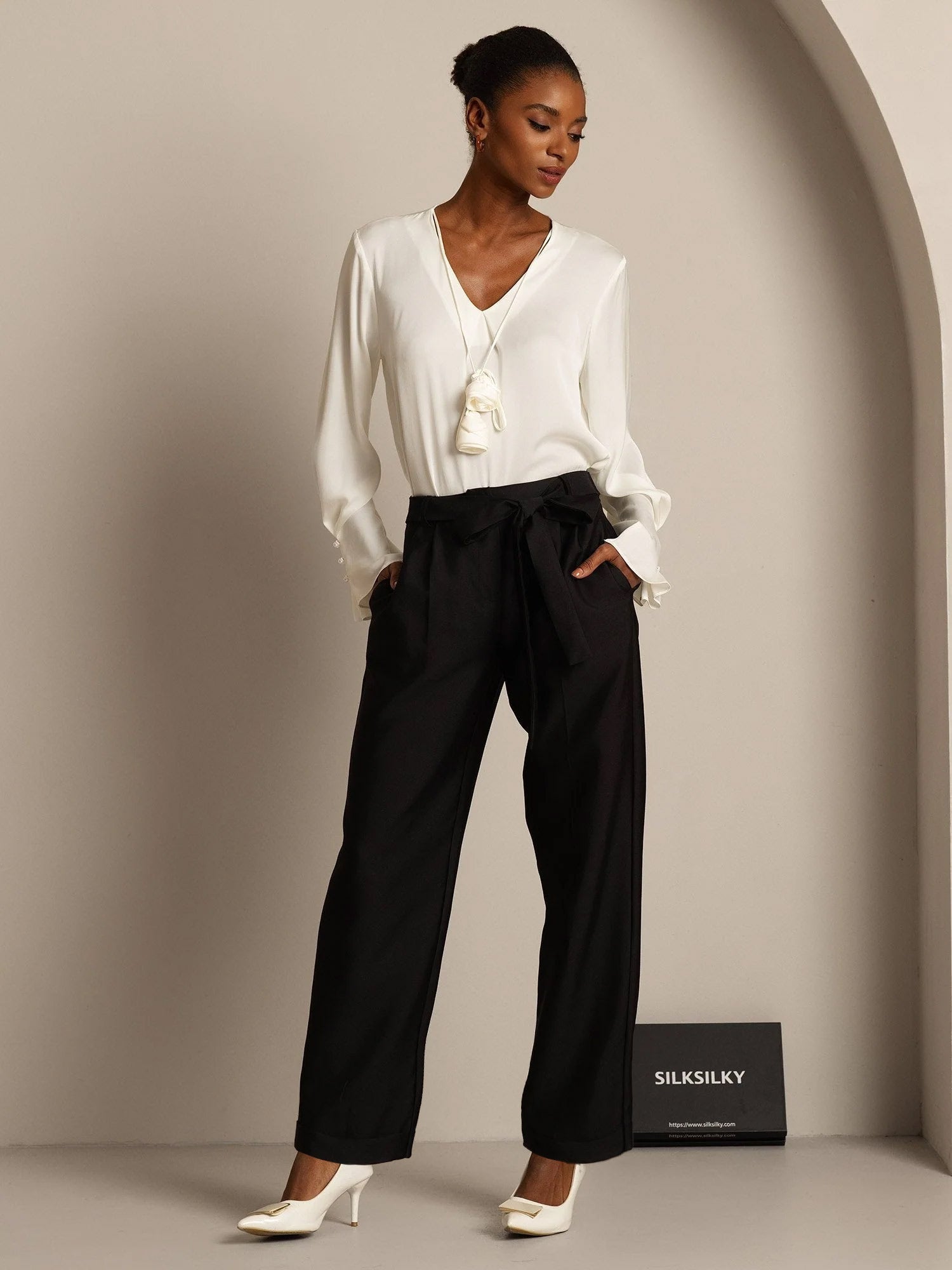 [Svart] SilkSilky-NO 32Momme Silke Womens Pants 007