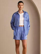 [Blå Nålestripete] SilkSilky-NO Long Sleeve Lapel Collar Women's Outfit Sets 004
