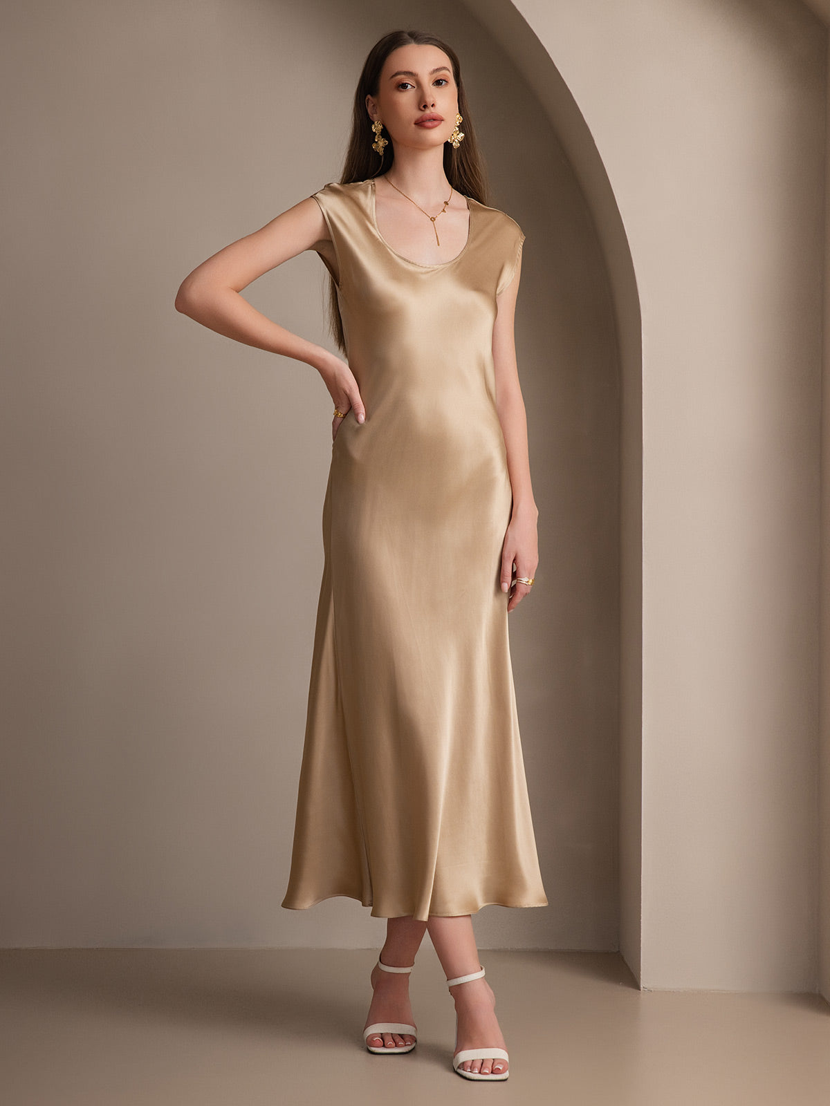 [Champagne] SilkSilky-NO 19Momme Silke Dress 001