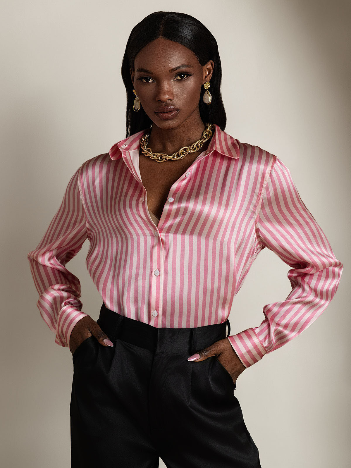 [Rosa] SilkSilky-NO Silke Long Sleeve Collar Skjorte for Kvinner 003