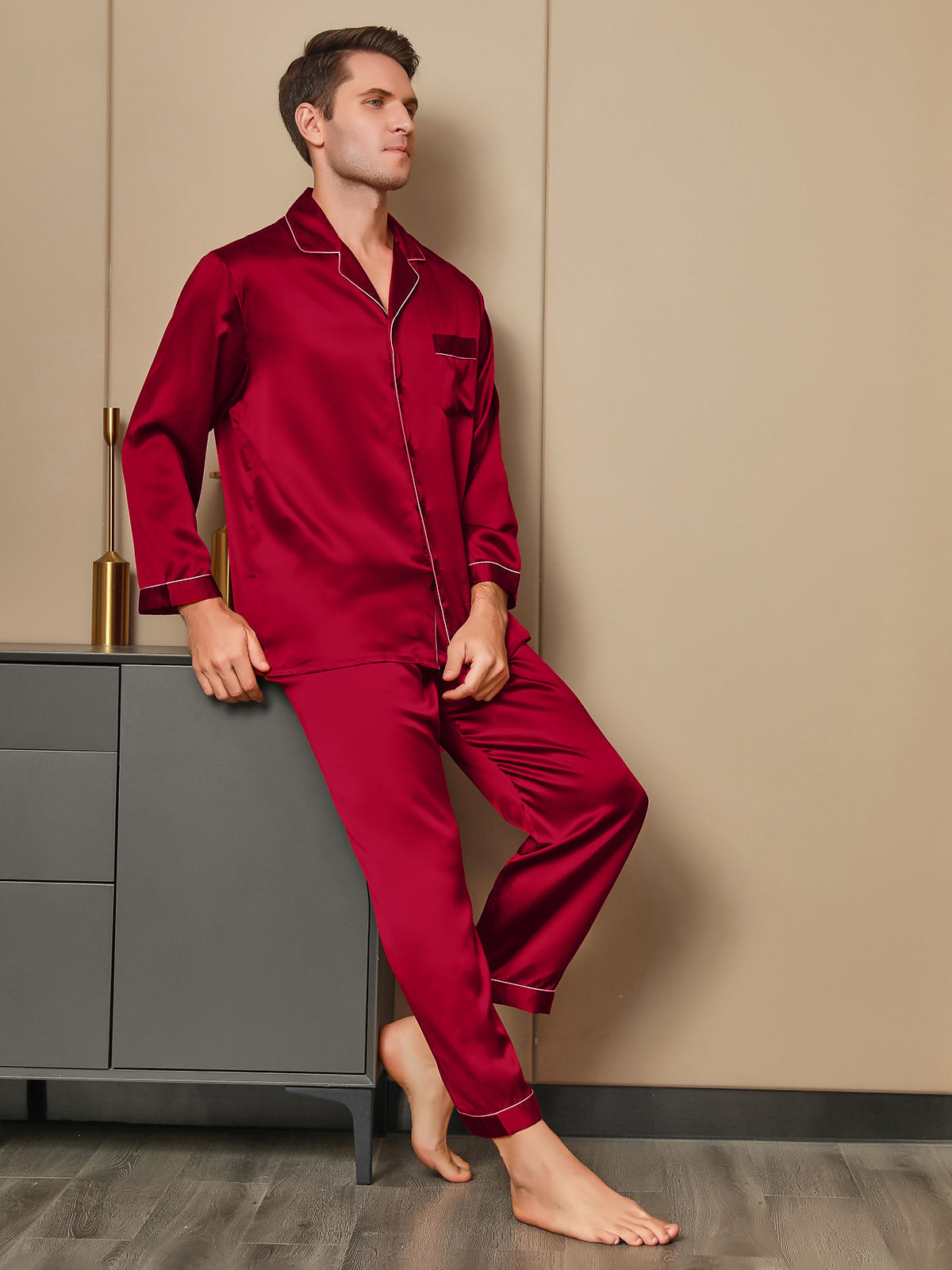 [Rød] SilkSilky-NO 19Momme Mens Pajamas 001
