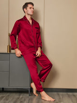 [Rød] SilkSilky-NO Long Sleeve Lapel Collar Pyjamas for menn 001