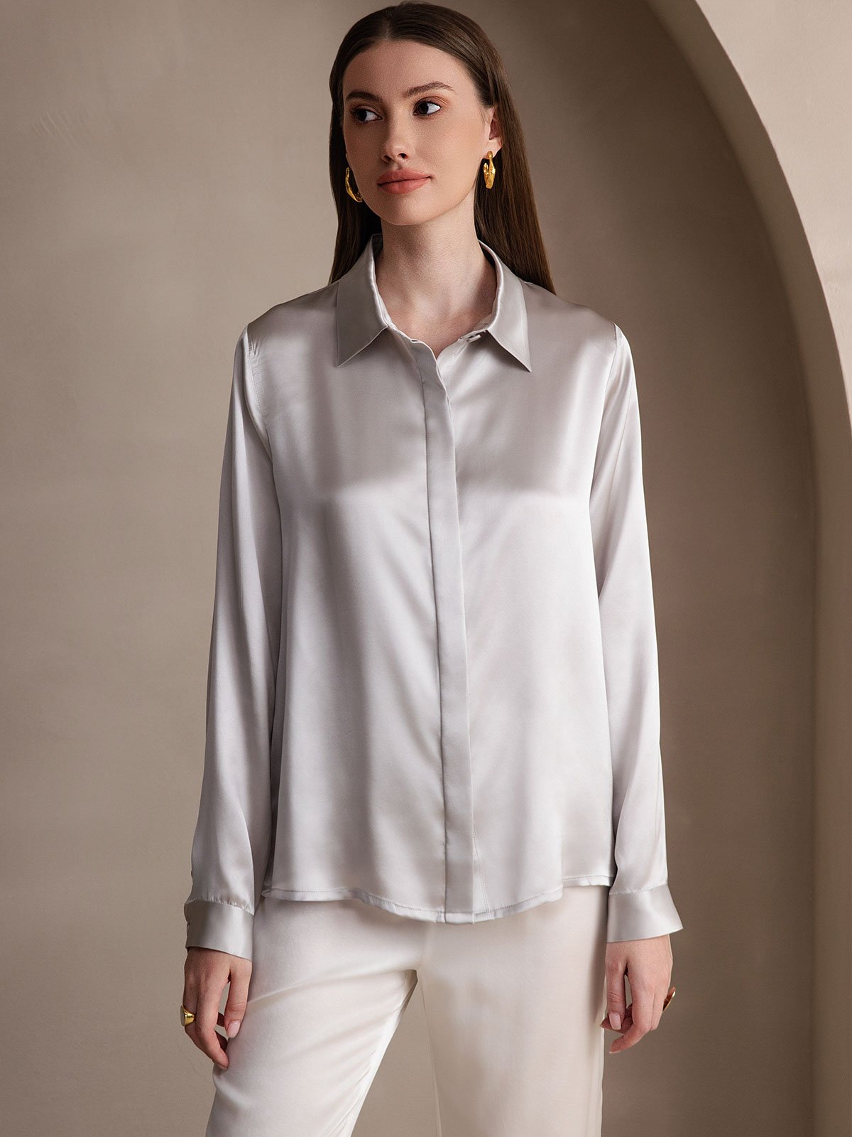 [Lysegrå] SilkSilky-NO 19Momme Silke Womens Shirt 005