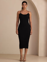 [Svart] SilkSilky-NO Spaghetti Strap Boat Neck Kjole 007