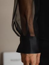 [Svart] SilkSilky-NO Long Sleeve Lapel Collar Skjorte for Kvinner 004